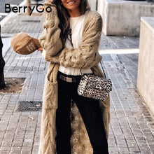 Load image into Gallery viewer, BerryGo Vintage mohair long cardigan women sweaters female Long sleeve pocket winter cardigans Casual knitwear pure jumpers